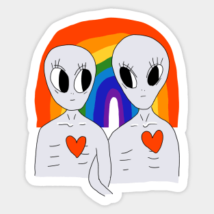 Happy Gay Grey aliens and a rainbow Sticker